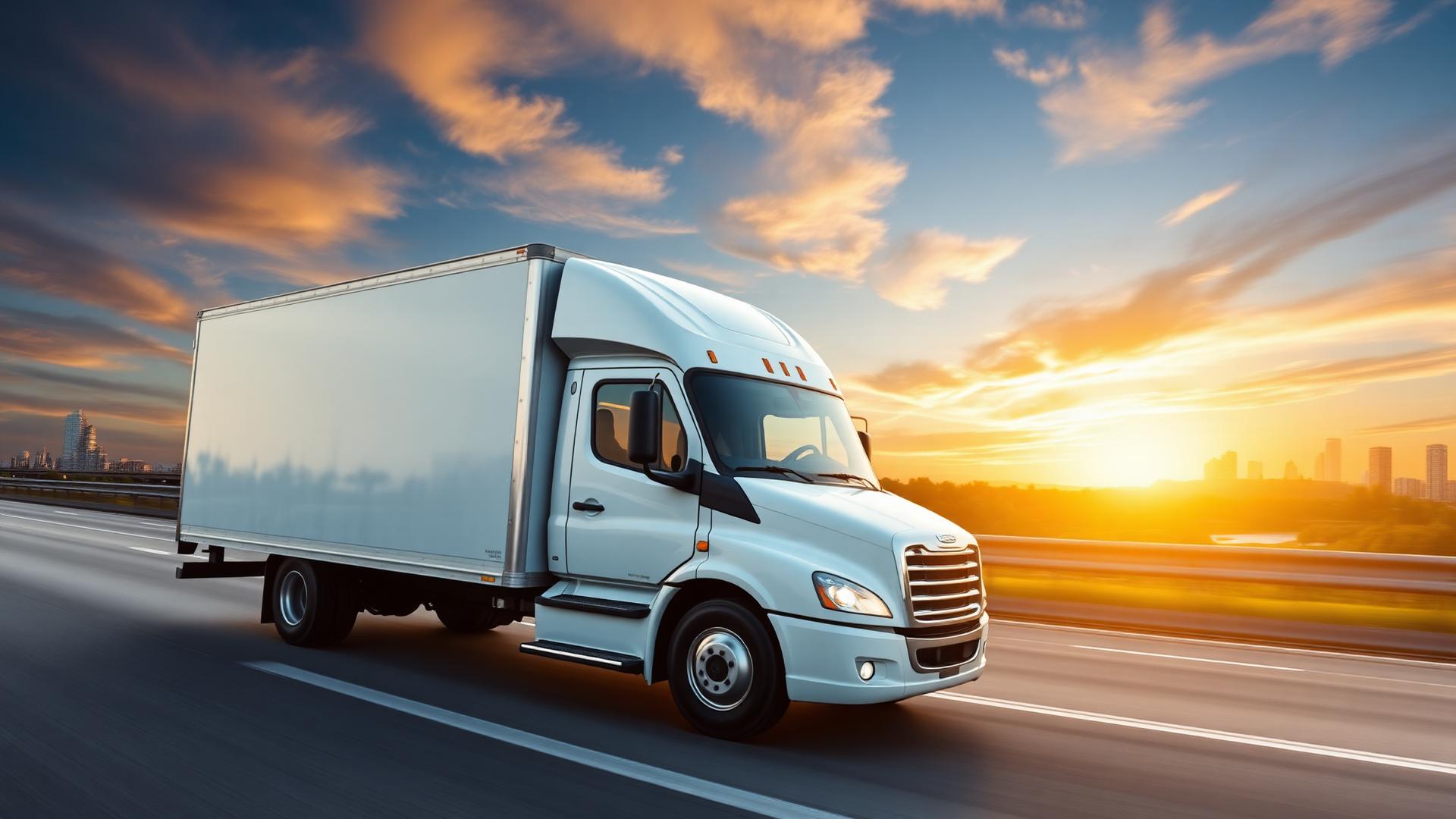 Modern white cargo delivery van on a Michigan highway at sunrise
